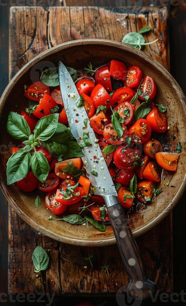 ai gerado fresco tomates e manjericão dentro tigela com faca foto