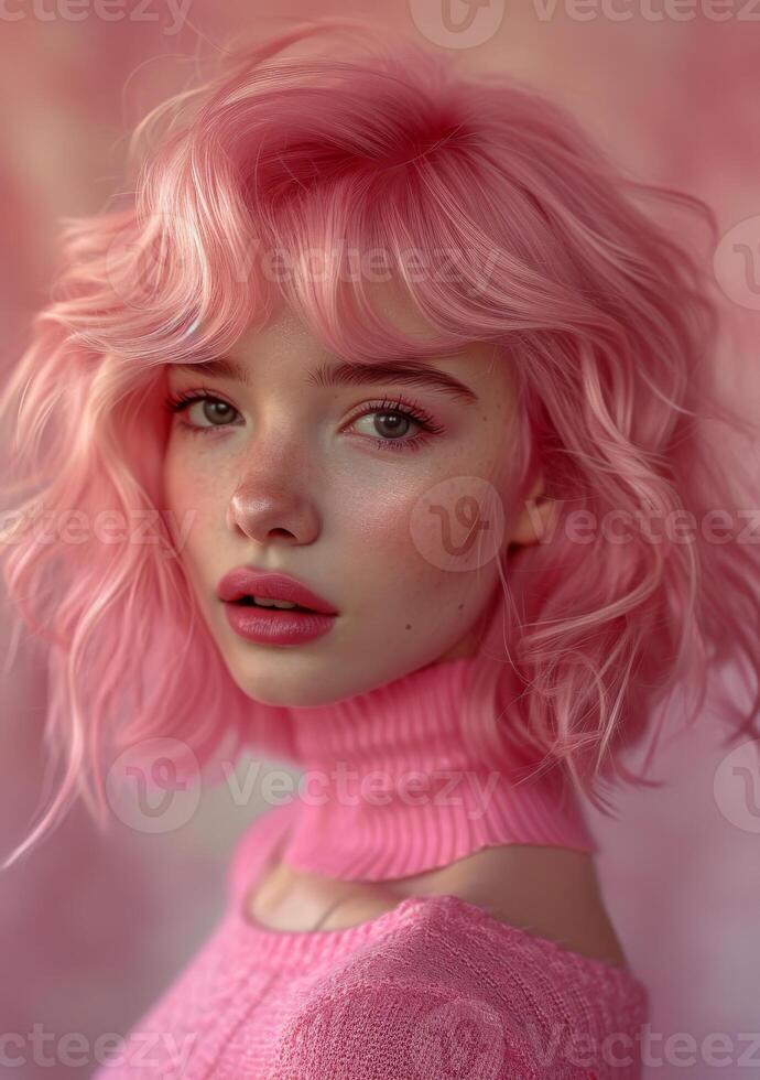 ai gerado menina com Rosa cabelo Rosa suéter e sério face foto