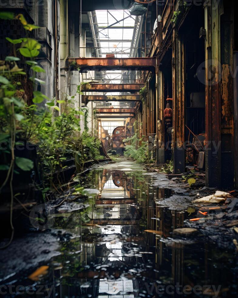 ai gerado capturando a assustador beleza do abandonado industrial espaços foto