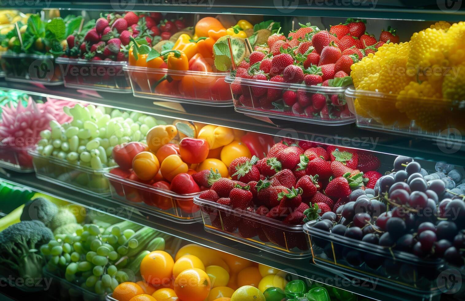 ai gerado fresco frutas e legumes dentro supermercado foto