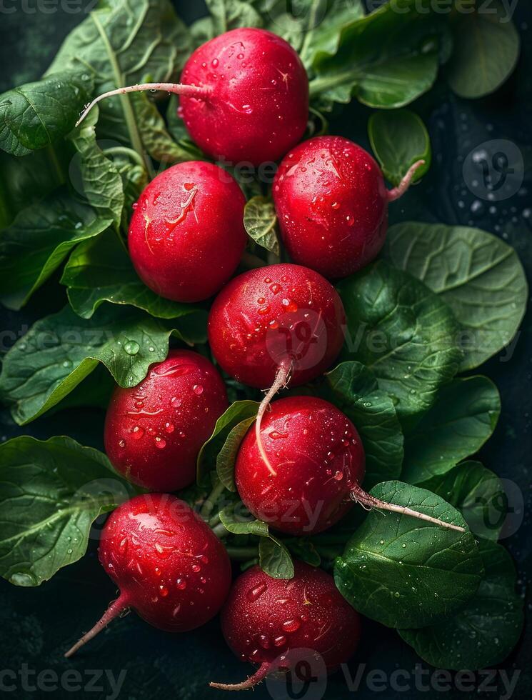 ai gerado fresco rabanetes com água gotas em Sombrio fundo foto