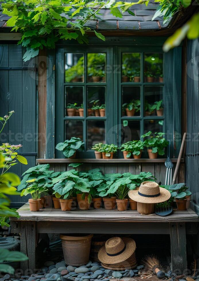 ai gerado de madeira Banco e janela dentro jardim galpão com Palha chapéu e jardinagem Ferramentas foto