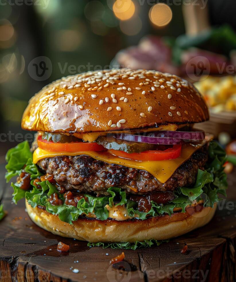 ai gerado delicioso fresco casa fez hamburguer com alface queijo cebola e tomate em rústico de madeira mesa foto