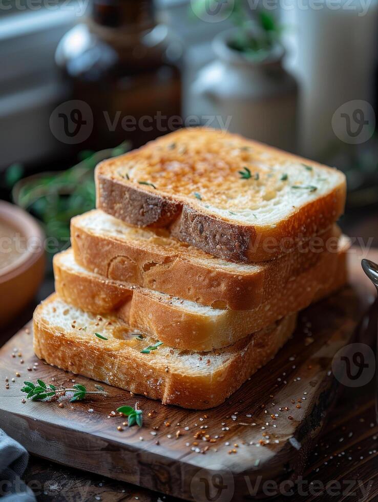 ai gerado fatias do torrado pão com Tomilho em de madeira borda foto