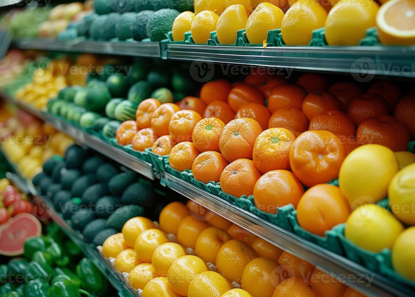 ai gerado laranjas e limões em supermercado estante foto