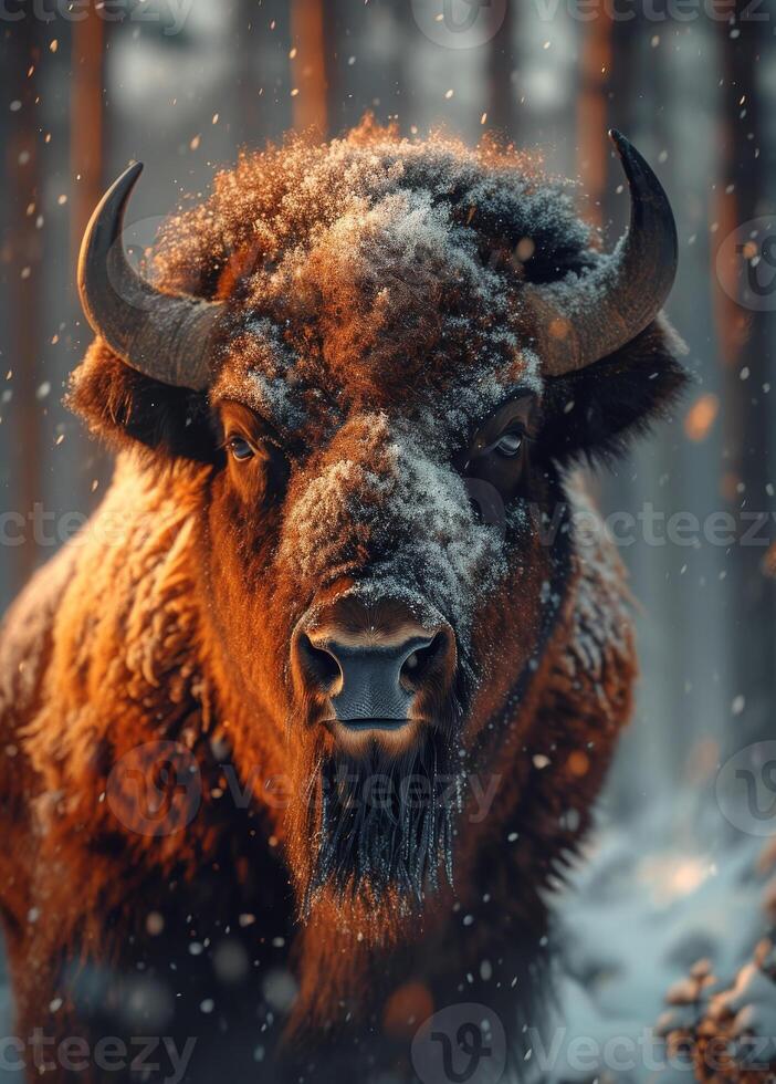 ai gerado europeu búfalo búfalo bonasus coberto com neve dentro inverno foto
