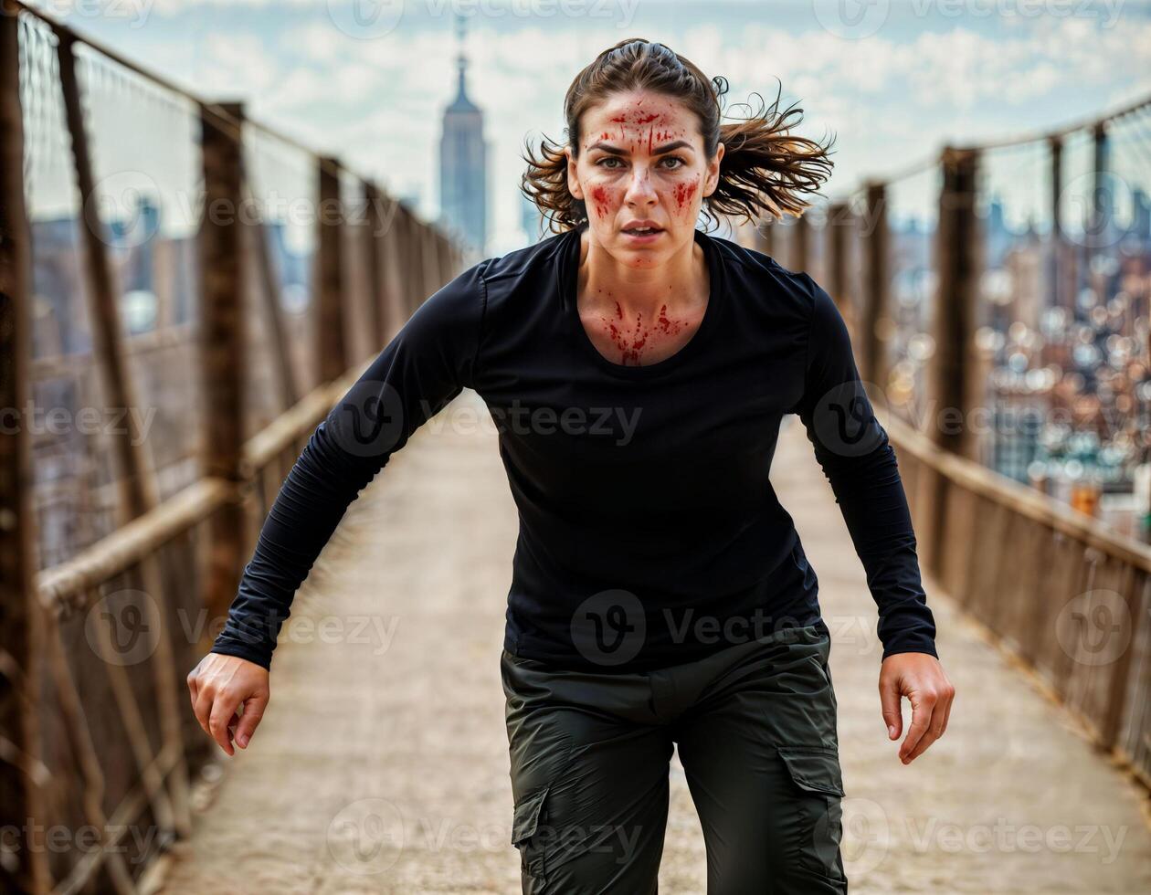 ai gerado foto do lindo mulher Como uma disfarçado agente vestindo Preto grandes manga camisa e tático calça corrida dentro Perigo cena, generativo ai