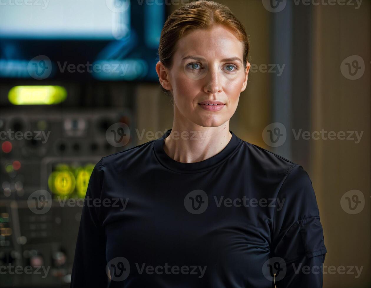 ai gerado foto do lindo mulher Como uma comandante agente vestindo Preto grandes manga camisa e tático calça com monitor e tela dentro ao controle comando sala, generativo ai