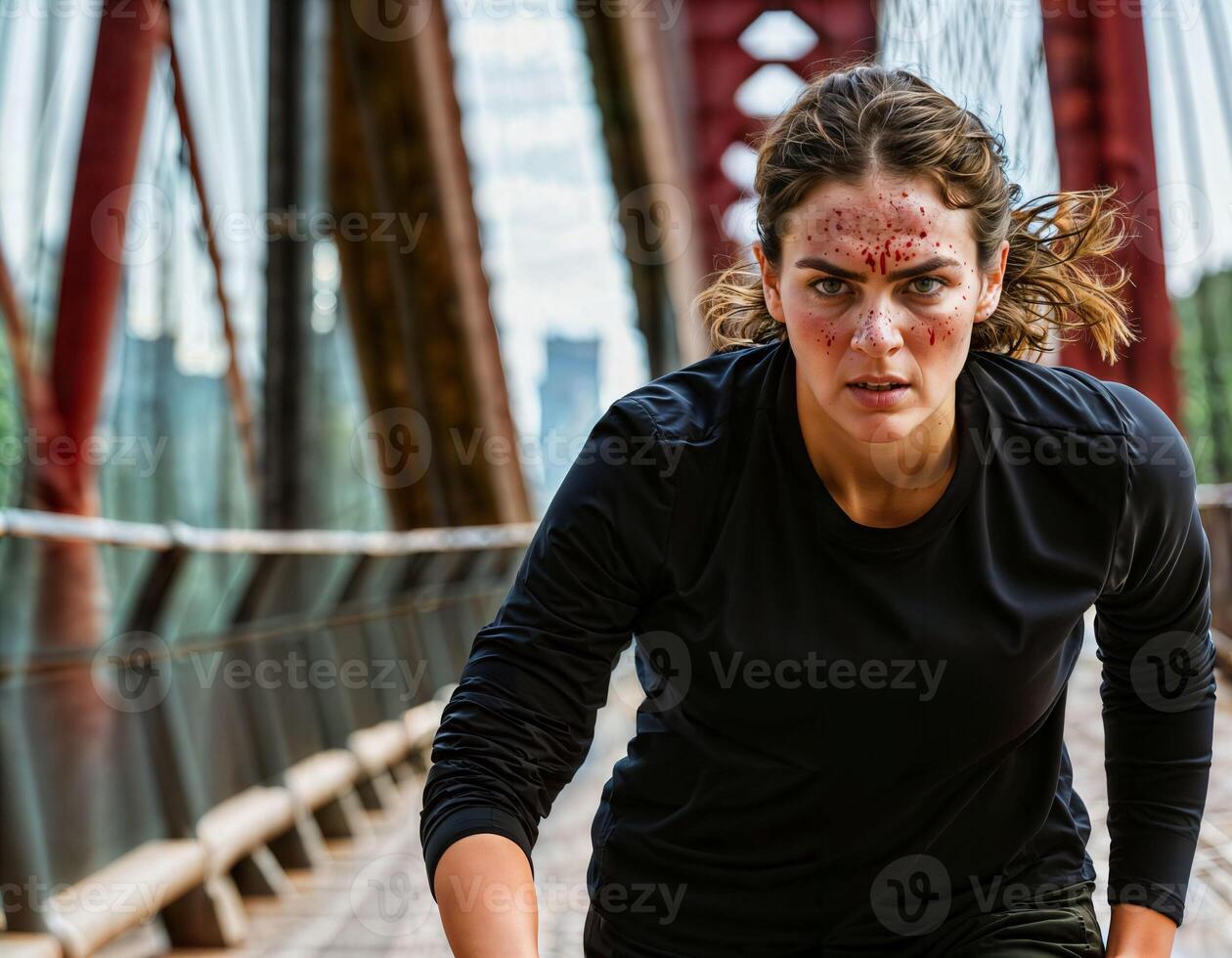 ai gerado foto do lindo mulher Como uma disfarçado agente vestindo Preto grandes manga camisa e tático calça corrida dentro Perigo cena, generativo ai