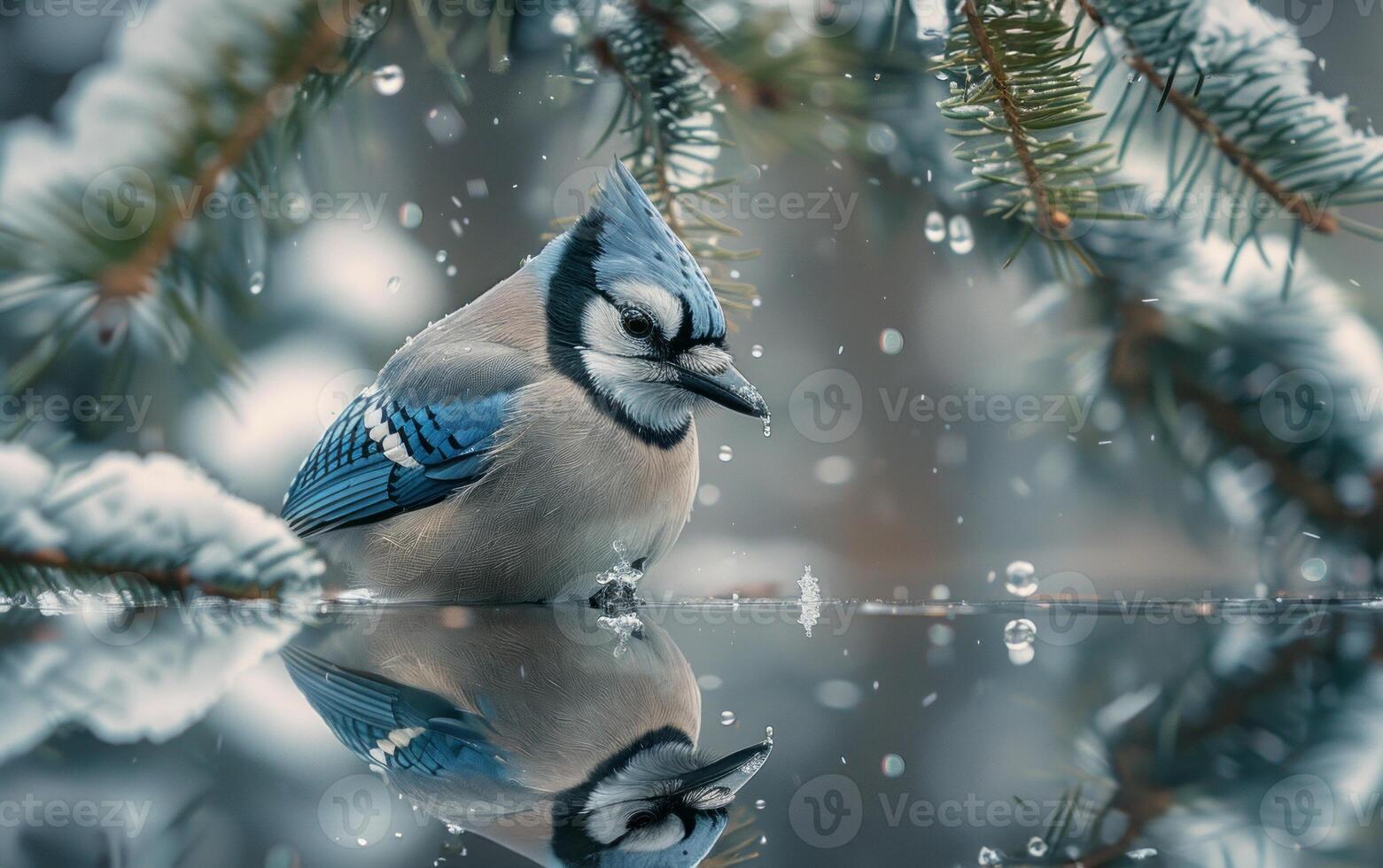 ai gerado uma azul Jay olhares fixos atentamente às uma dissolvendo floco de neve foto