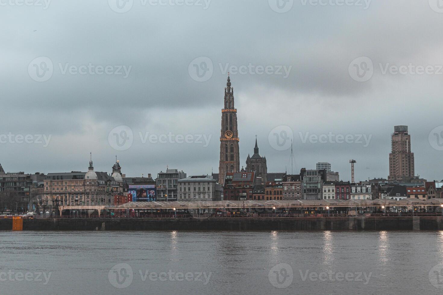 Natal luzes iluminar a catedral dentro a histórico Centro do Antuérpia. a beleza do a Natal mercado dentro dezembro dentro Bélgica foto