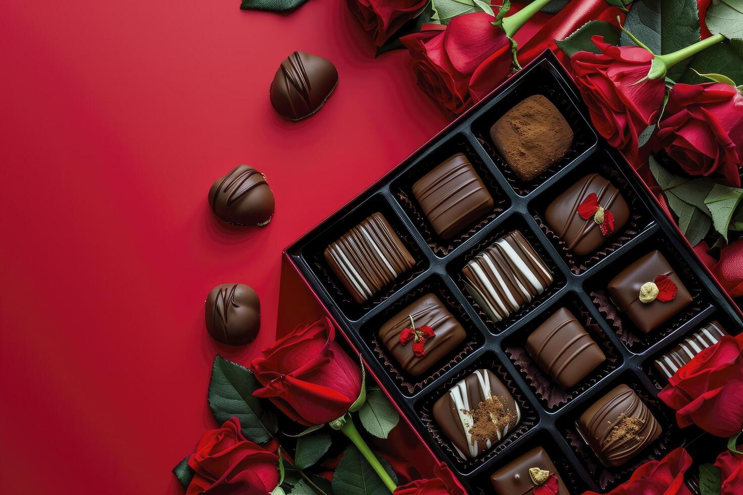 ai gerado aberto caixa do chocolate bombons com vermelho rosas ramalhete em uma vermelho fundo dia dos namorados dia plano deitar foto