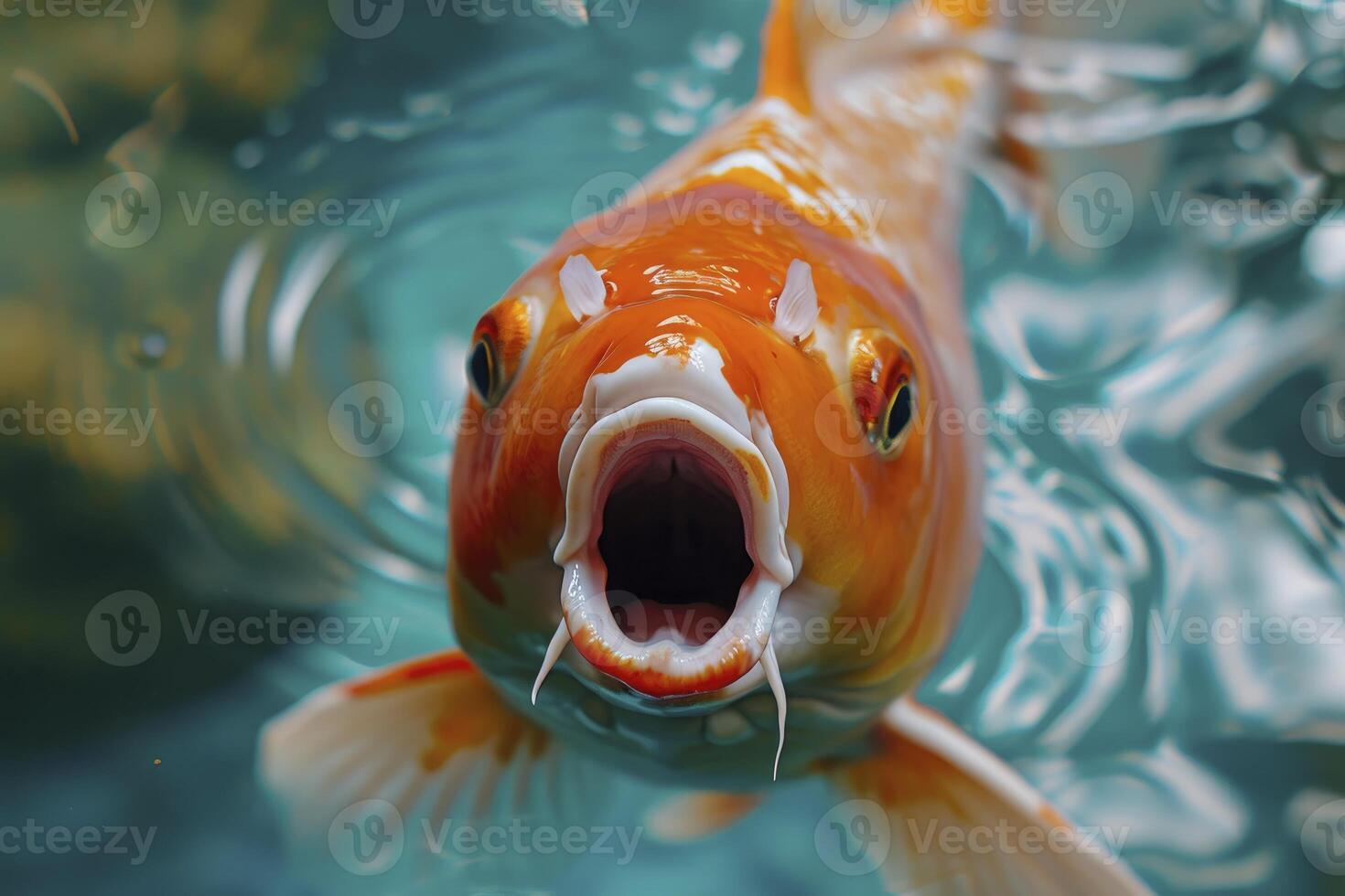 ai gerado uma koi peixe com dele boca aberto debaixo azul água foto