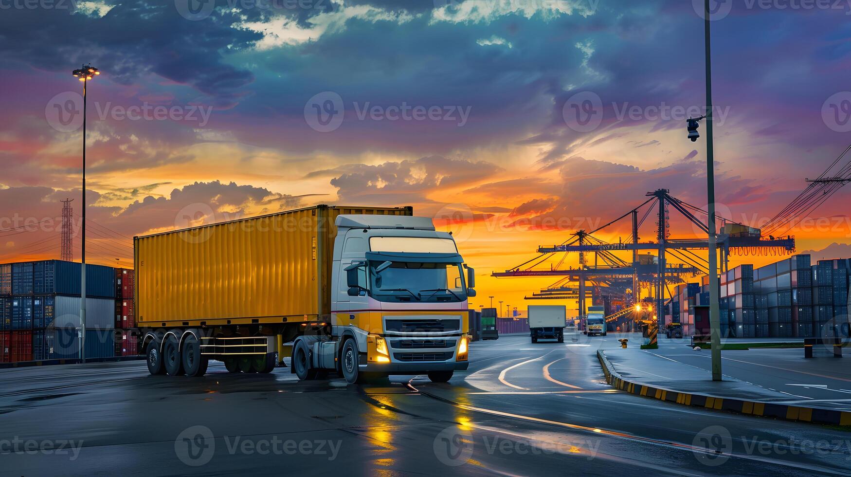 ai gerado caminhão reboque em a cais dentro a carga porta terminal com guindastes e containers. ai gerado foto