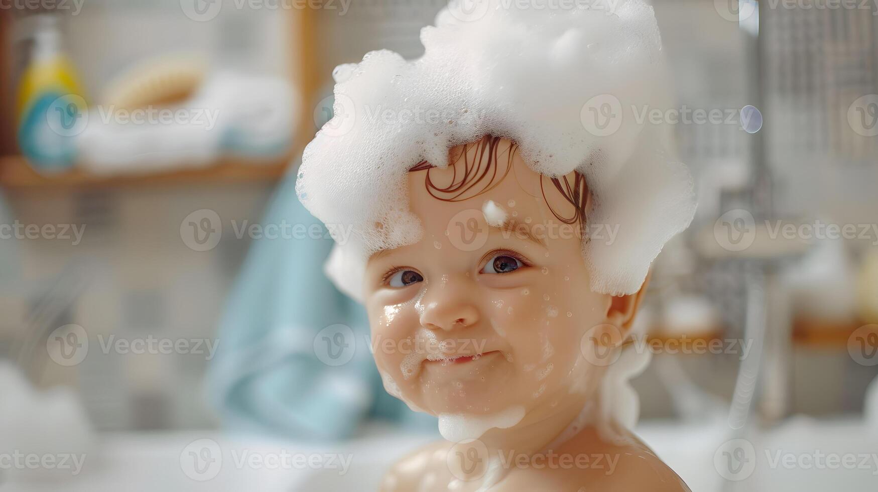 ai gerado uma fofa pequeno criança com pequeno espuma em dele cabeça. ai gerado foto