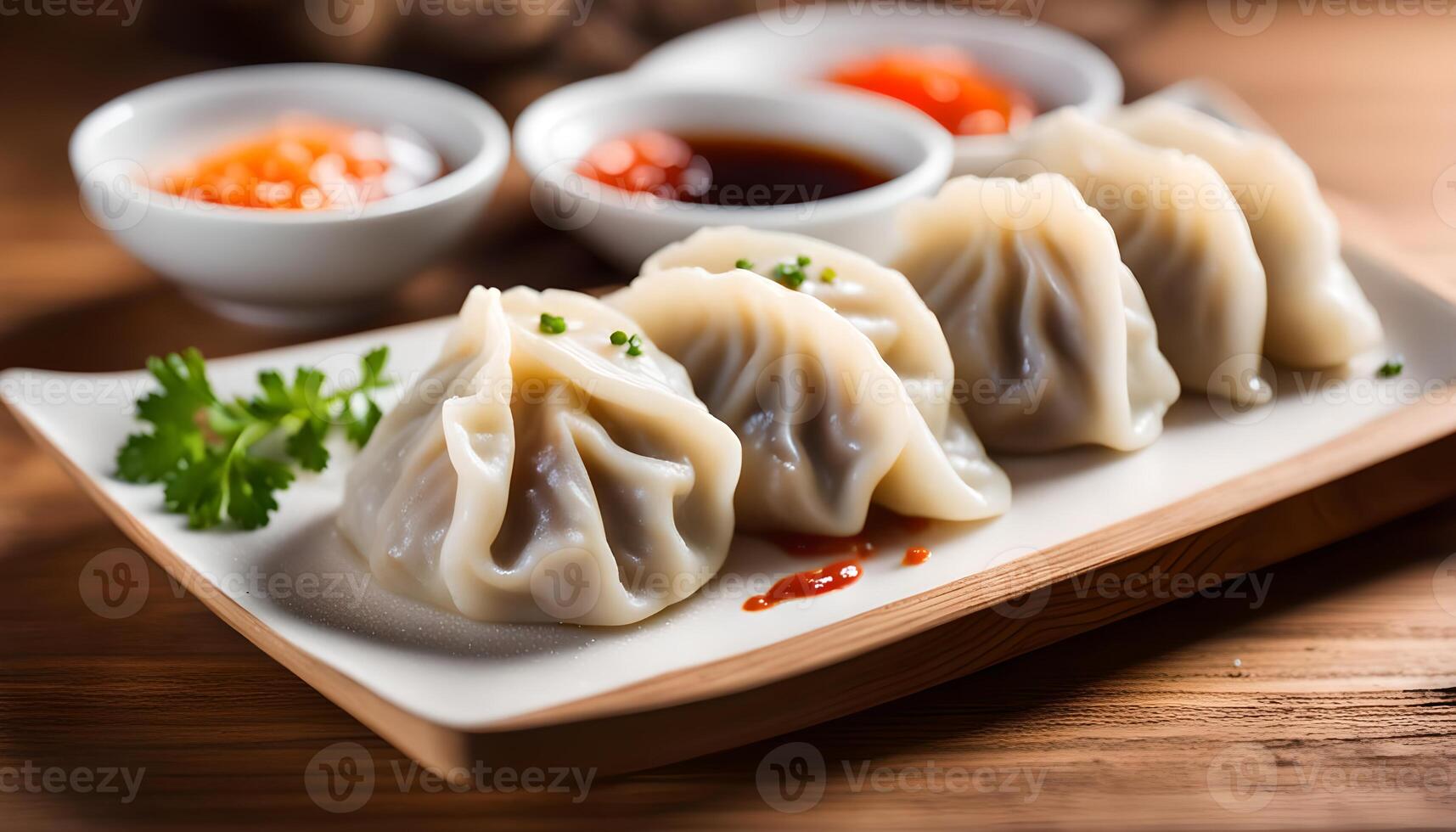 ai gerado cozido no vapor dumplings em de madeira prato foto