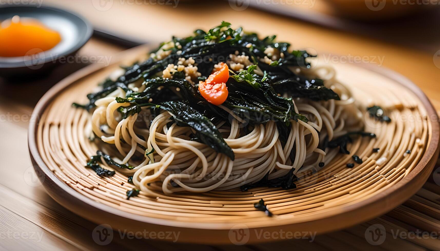 ai gerado soba Macarrão com seco algas marinhas foto