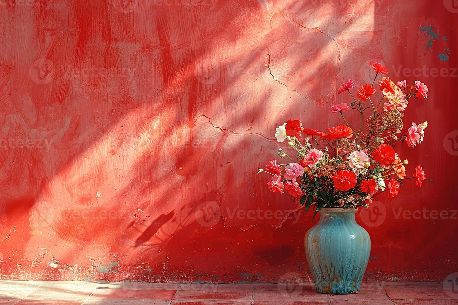 ai gerado uma azul cerâmico vaso com uma ramalhete do flores em uma vermelho parede foto