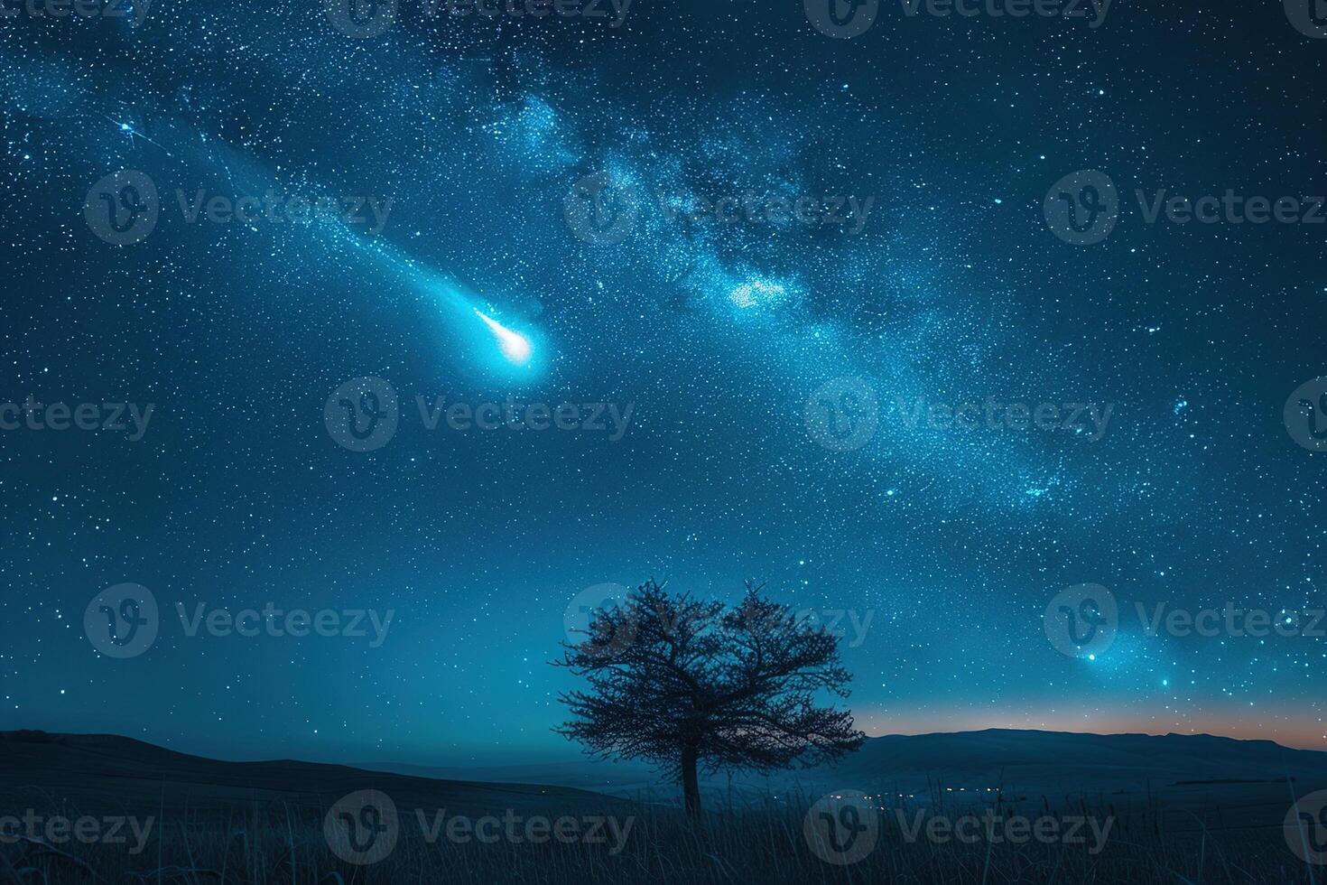 ai gerado uma brilhante cometa dentro a noite estrelado céu moscas sobre uma árvore dentro uma campo antes nascer do sol foto