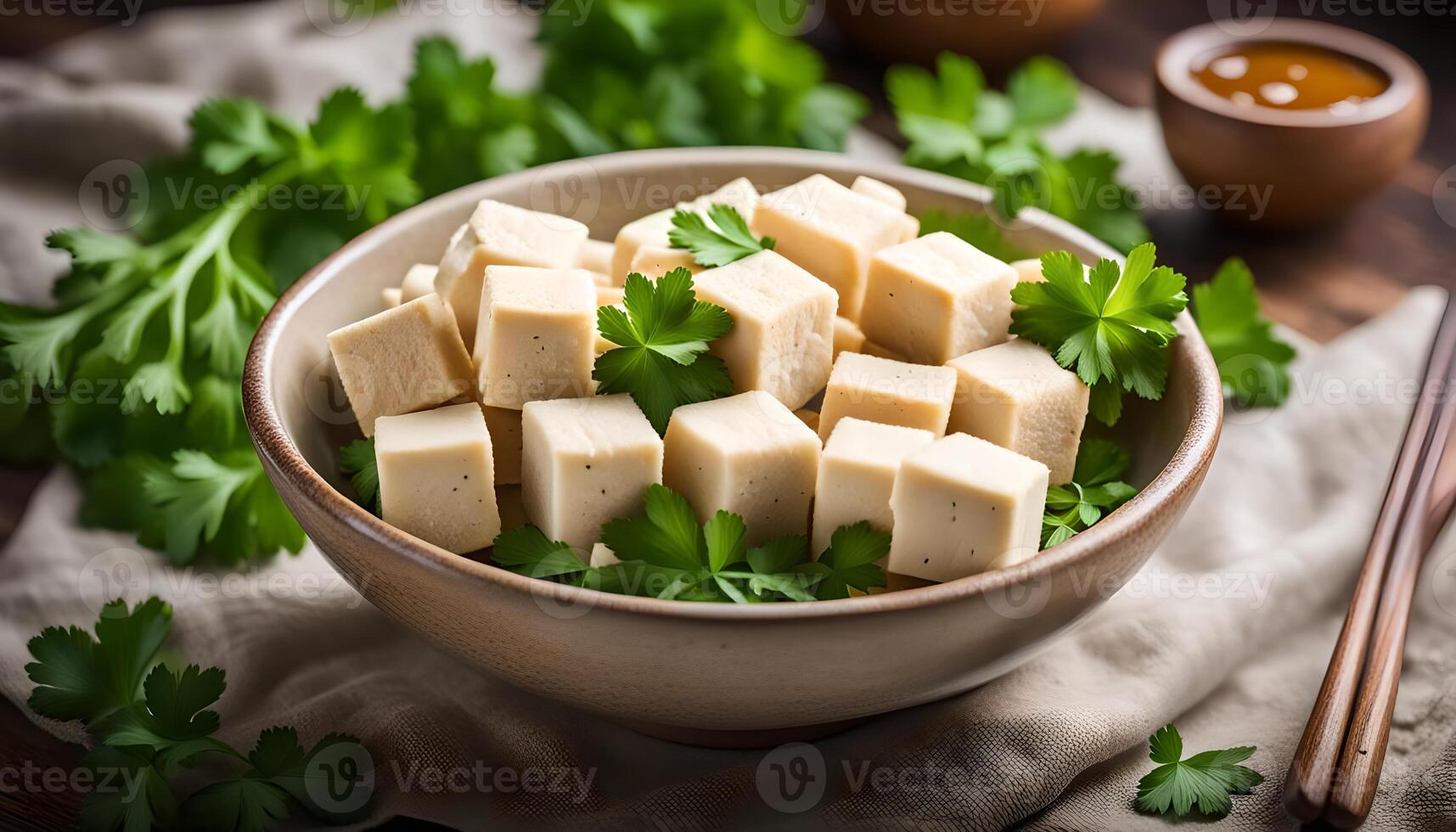 ai gerado tofu cubos dentro tigela e salsinha foto