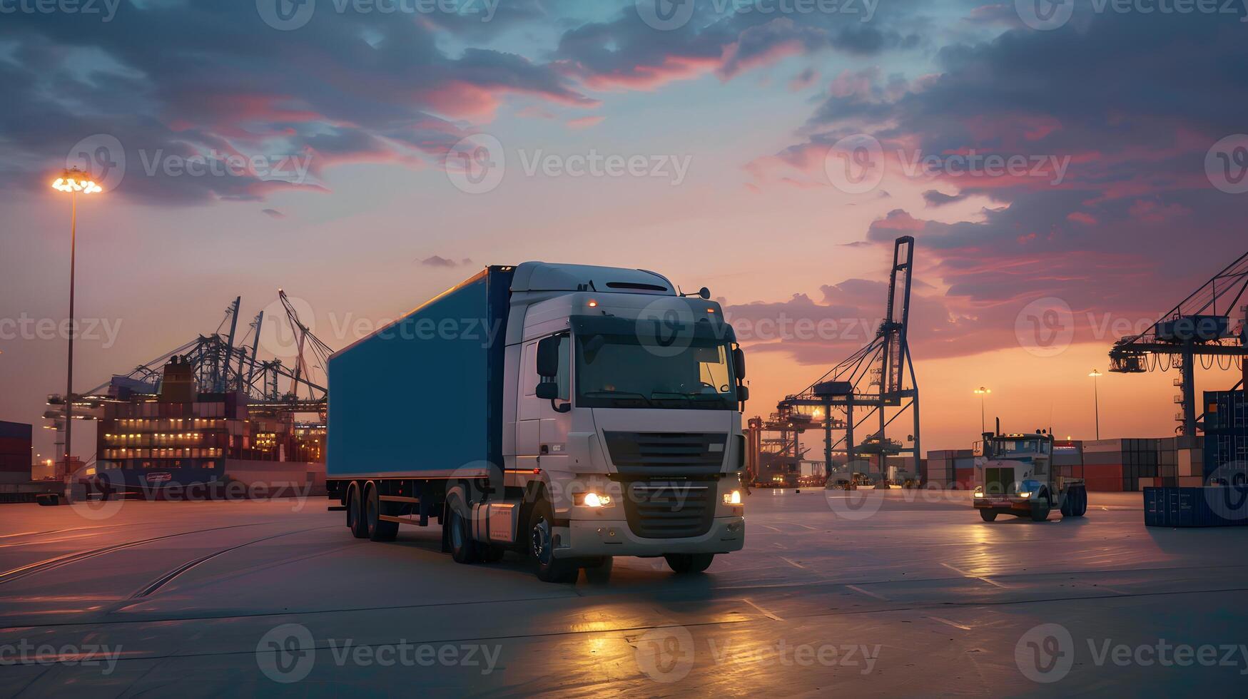 ai gerado caminhão reboque em a cais dentro a carga porta terminal com guindastes e containers. ai gerado foto