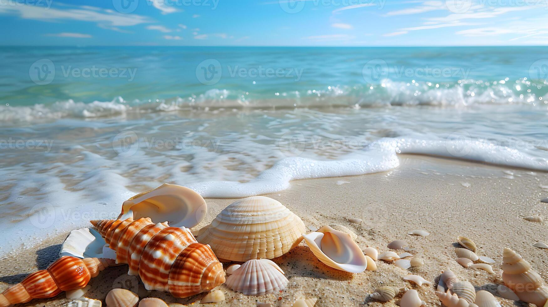 ai gerado azul costa do a oceano com Palma árvores, areia, surfar e cartuchos. ai gerado foto