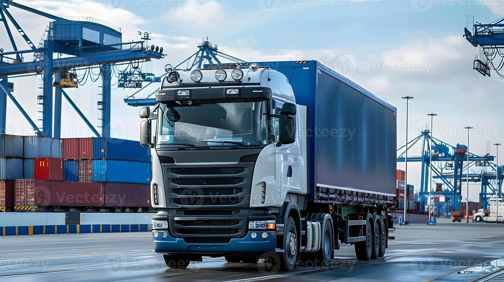 ai gerado caminhão reboque em a cais dentro a carga porta terminal com guindastes e containers. ai gerado foto