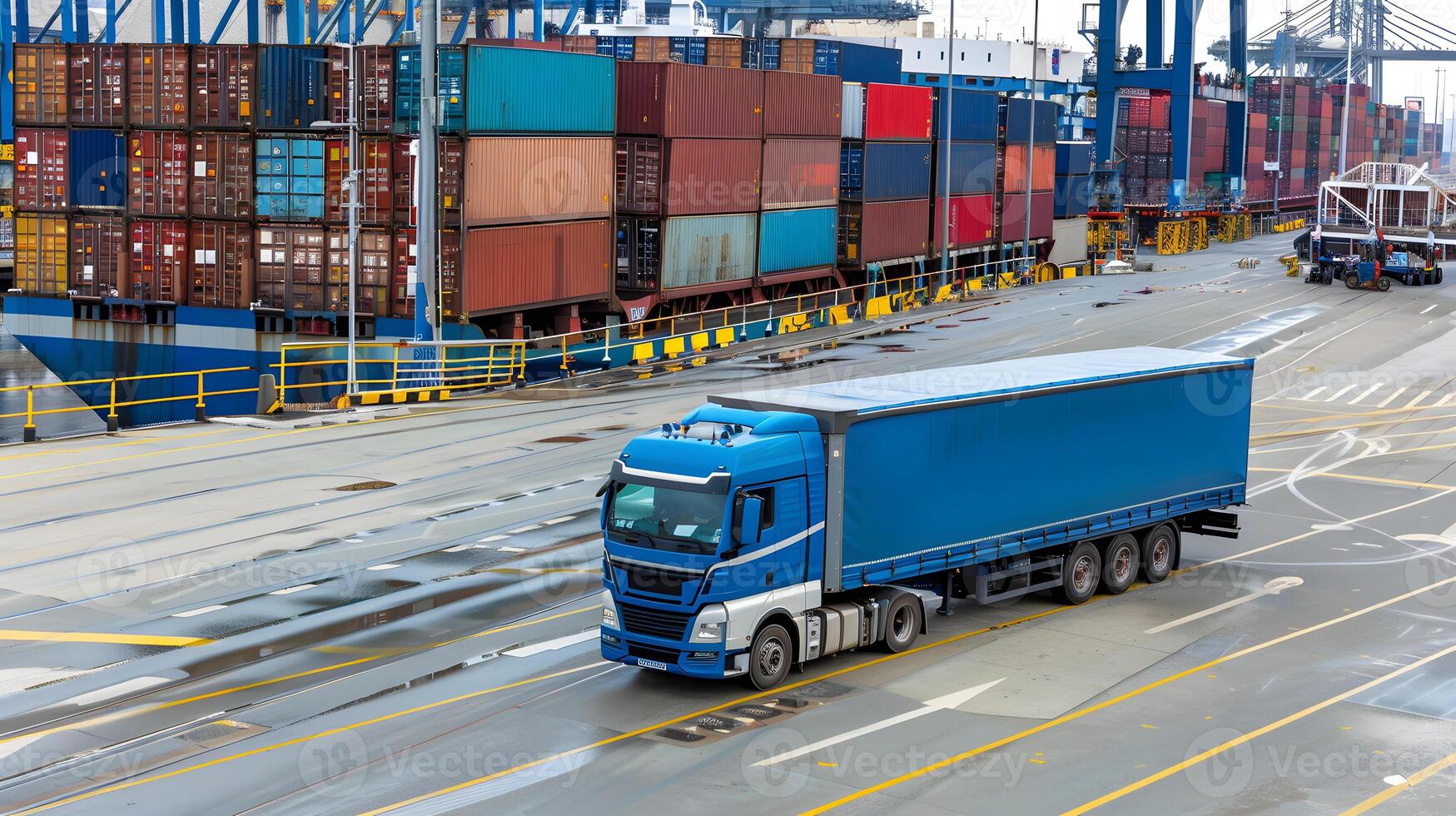 ai gerado caminhão reboque em a cais dentro a carga porta terminal com guindastes e containers. ai gerado foto