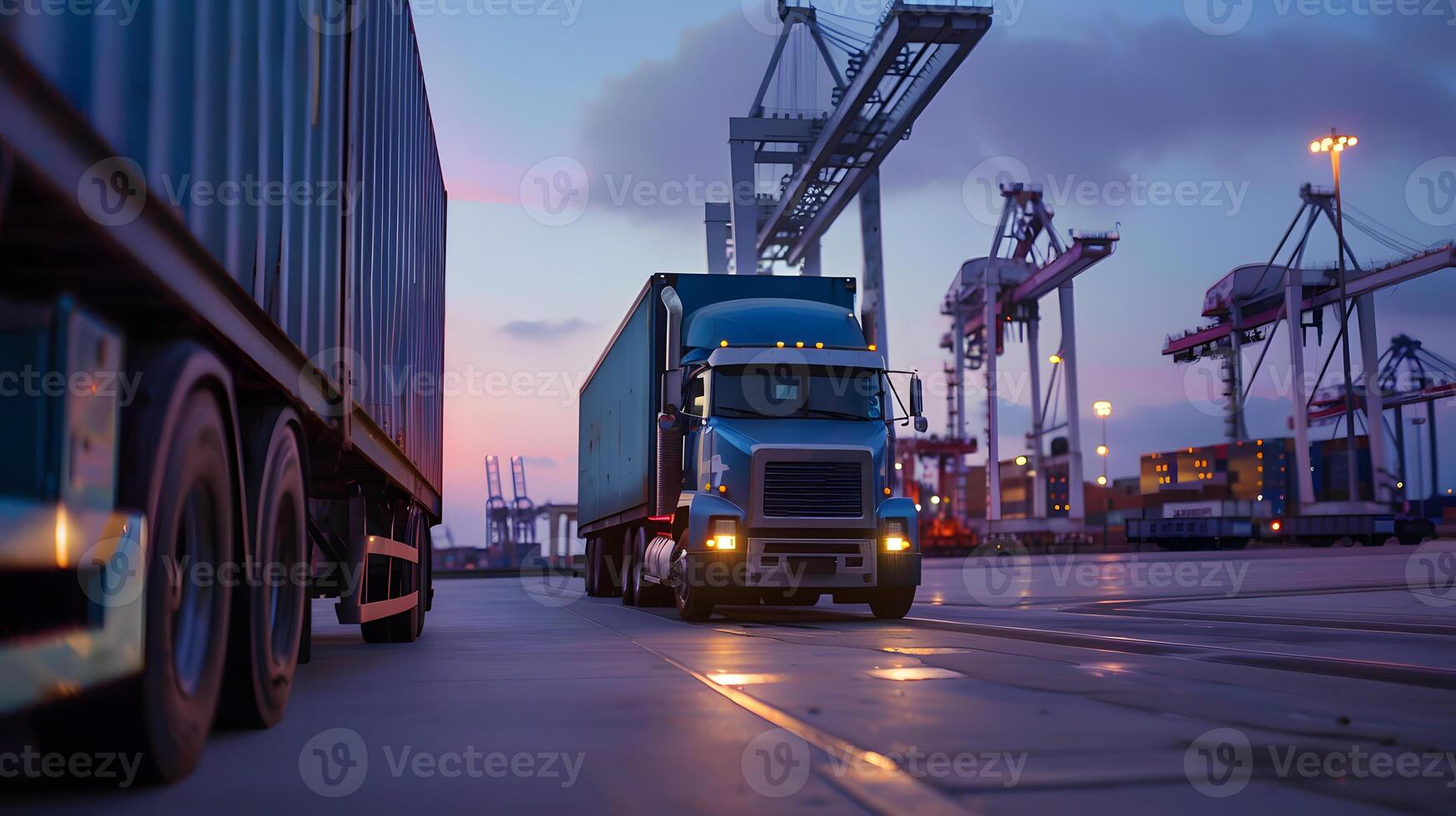 ai gerado caminhão reboque em a cais dentro a carga porta terminal com guindastes e containers. ai gerado foto