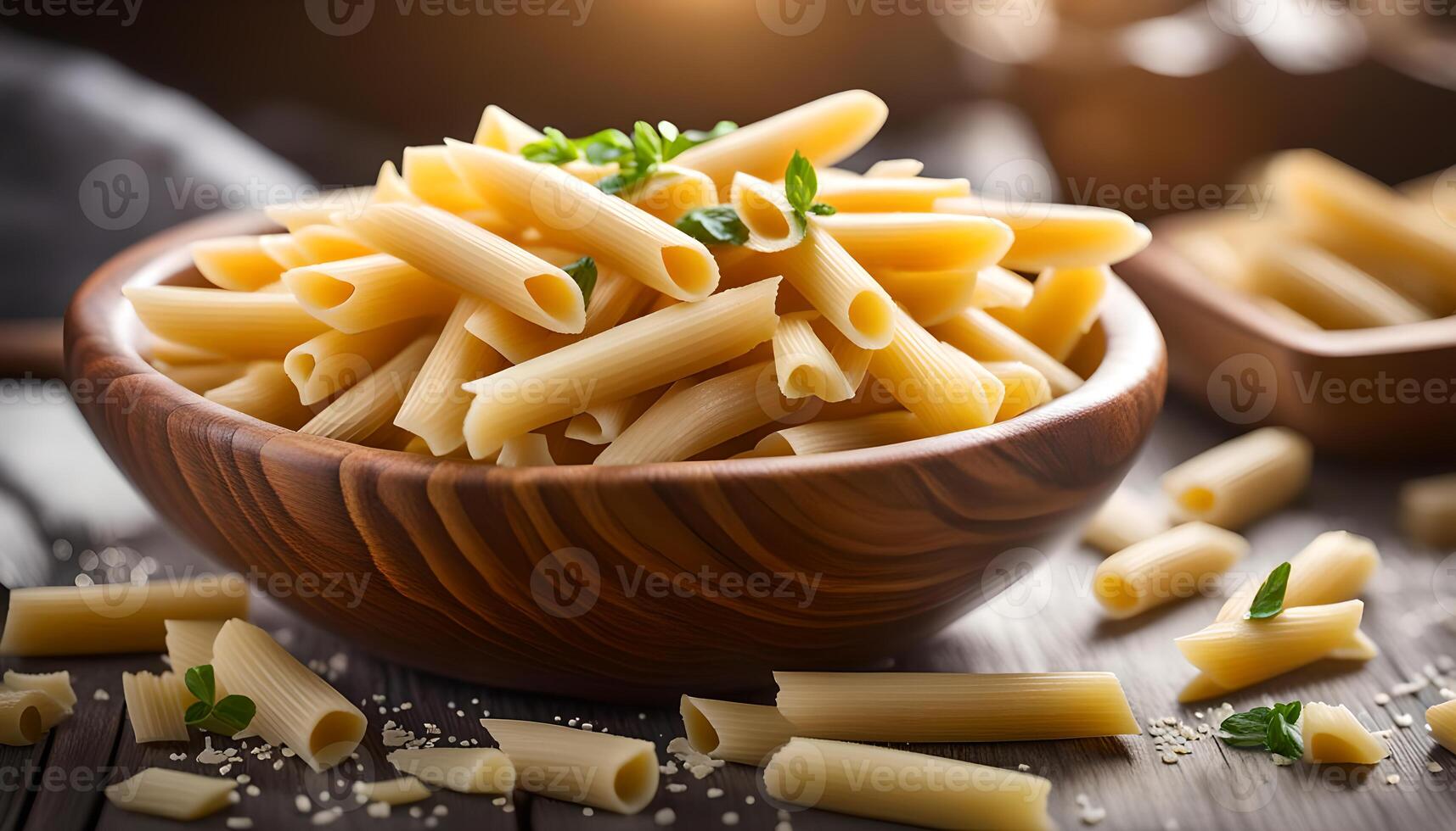 ai gerado cru Macarrão Penne massa dentro de madeira tigela foto