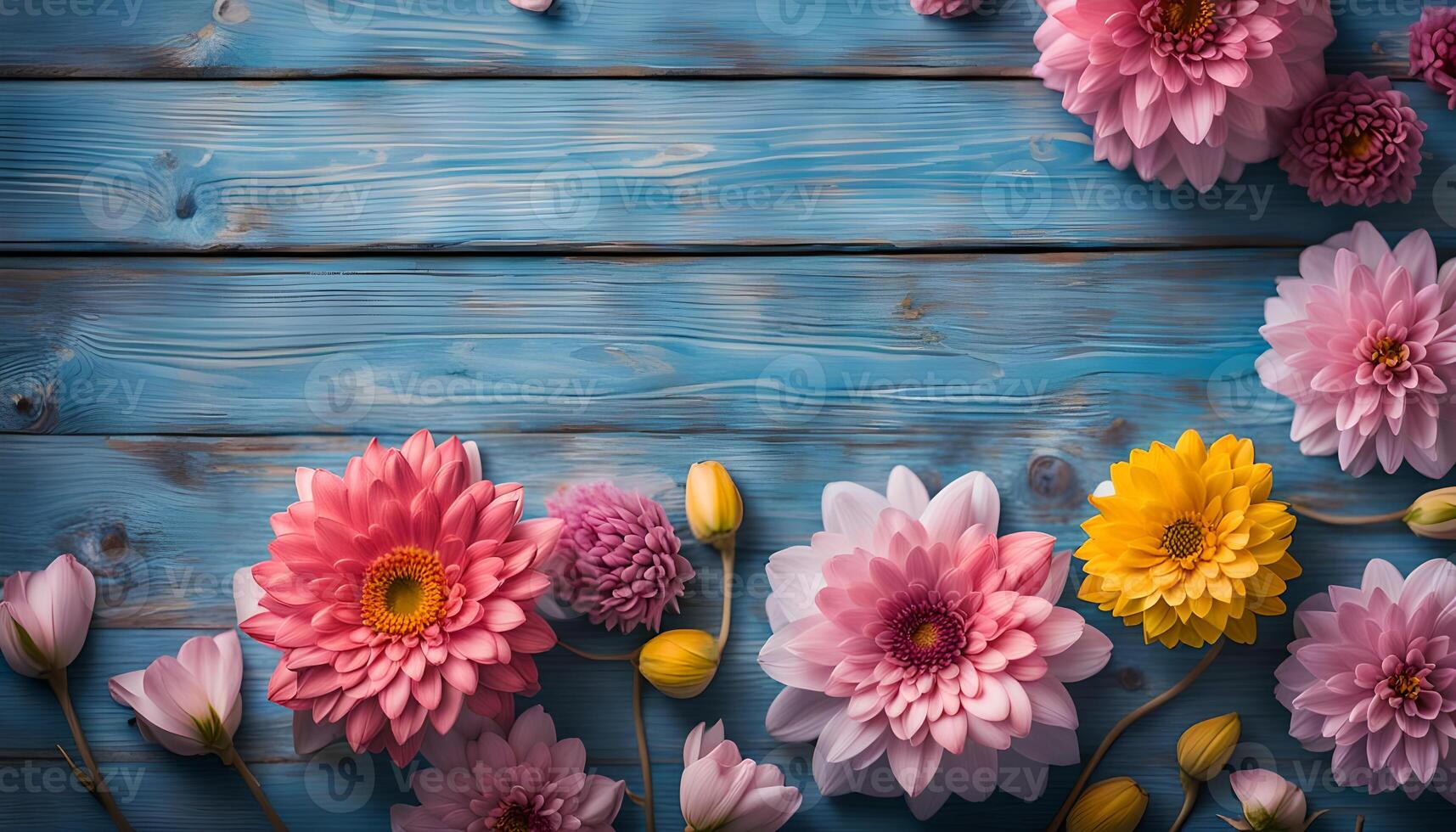 ai gerado lindo flores em azul de madeira fundo foto