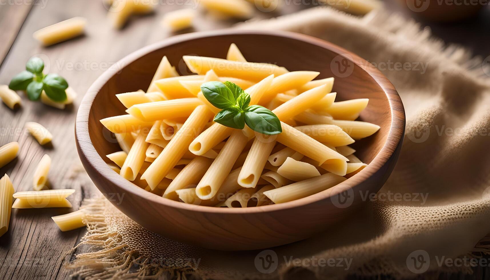 ai gerado cru Macarrão Penne massa dentro de madeira tigela foto