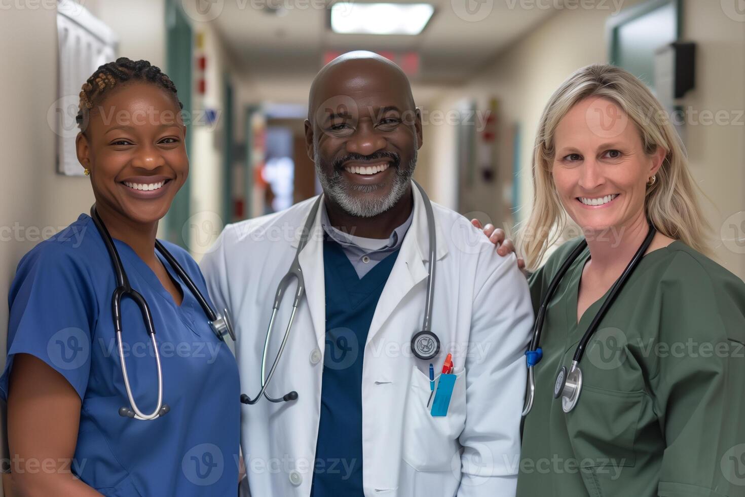 ai gerado retrato do alegre sorridente médico e enfermeira às a hospital. ocupação conceito foto