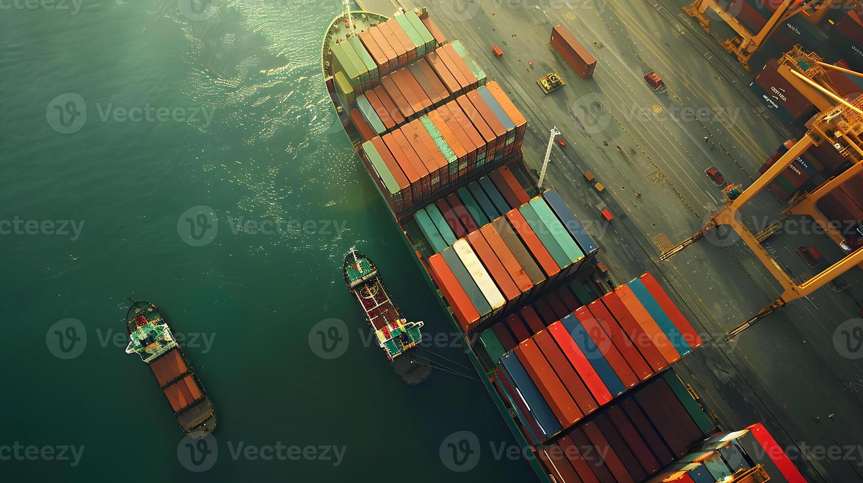 ai gerado uma navio para transportando carga containers e Além disso descarregando isto às a docas do uma carga porta. ai gerado foto