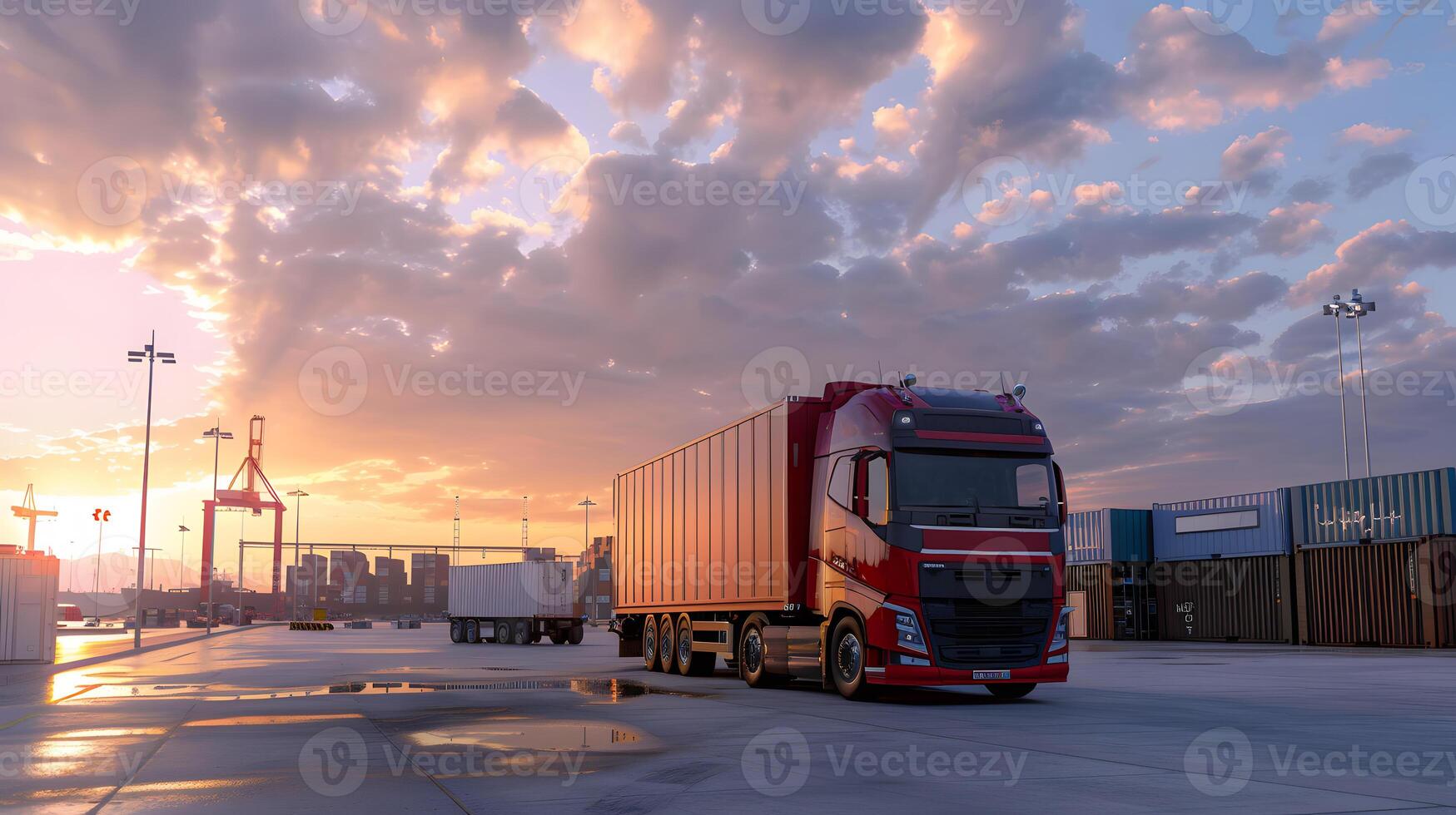 ai gerado caminhão reboque em a cais dentro a carga porta terminal com guindastes e containers. ai gerado foto