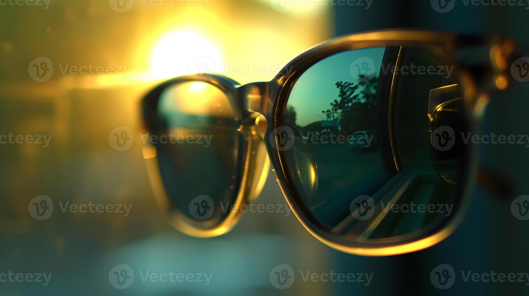ai gerado pôr do sol reflexão dentro oculos de sol em azul fundo foto