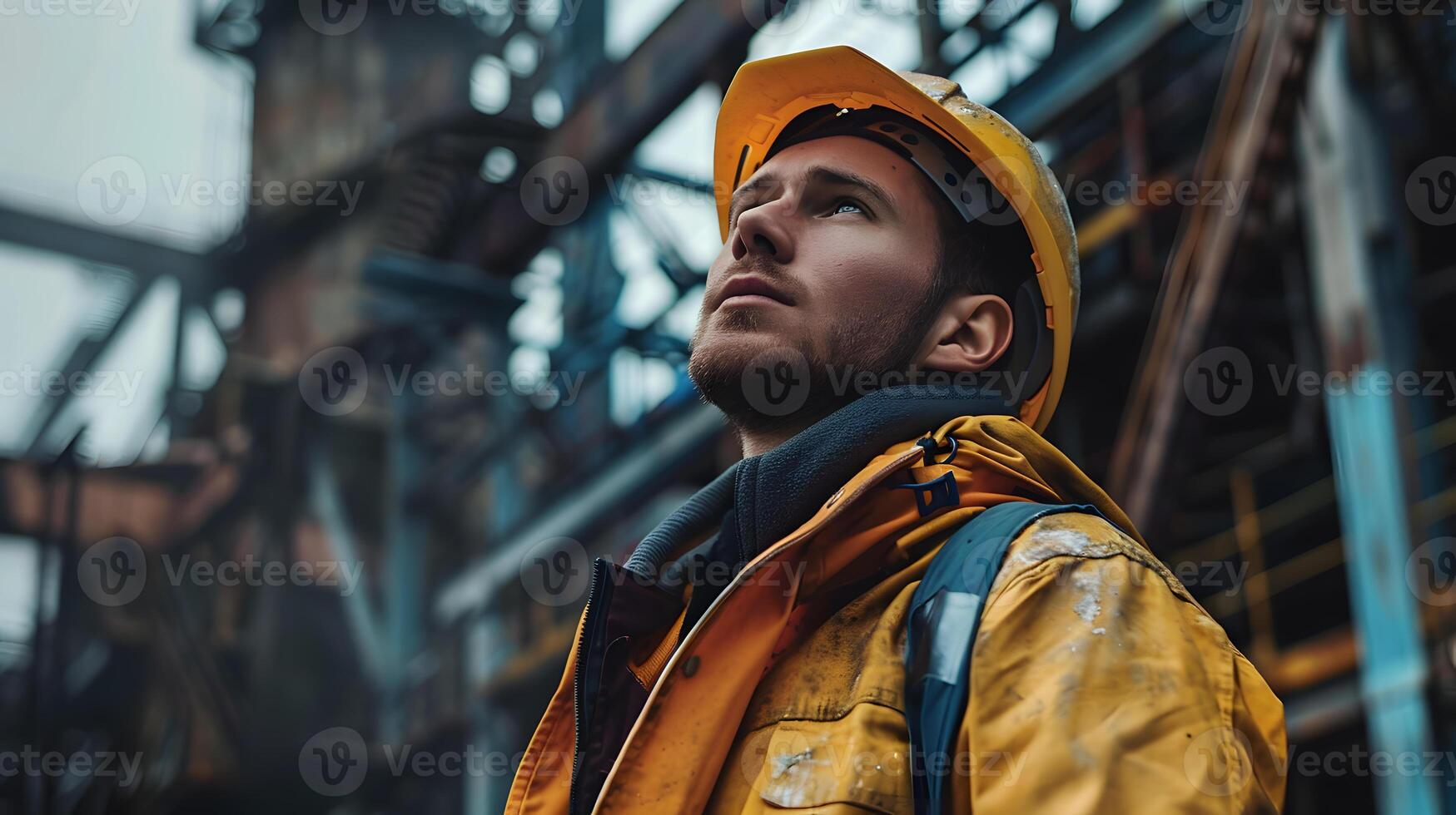 ai gerado retrato do uma trabalhando homem dentro uma uniforme e uma Difícil chapéu. ai gerado foto