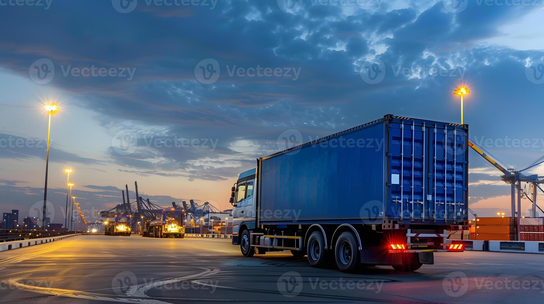 ai gerado caminhão reboque em a cais dentro a carga porta terminal com guindastes e containers. ai gerado foto