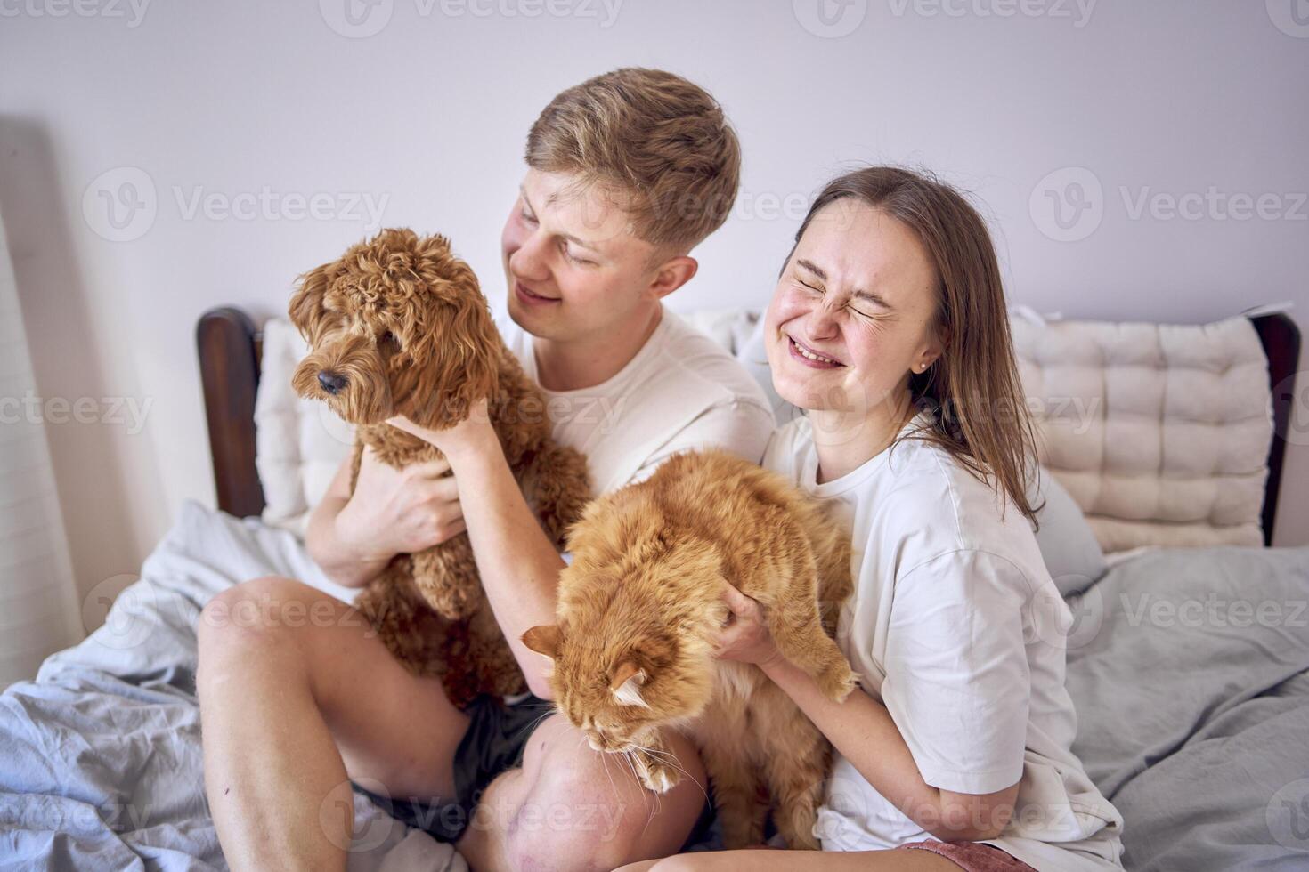 jovem casal gastos Tempo com seus animais, uma vermelho gato e uma cockapoo garota, jogando e rindo foto