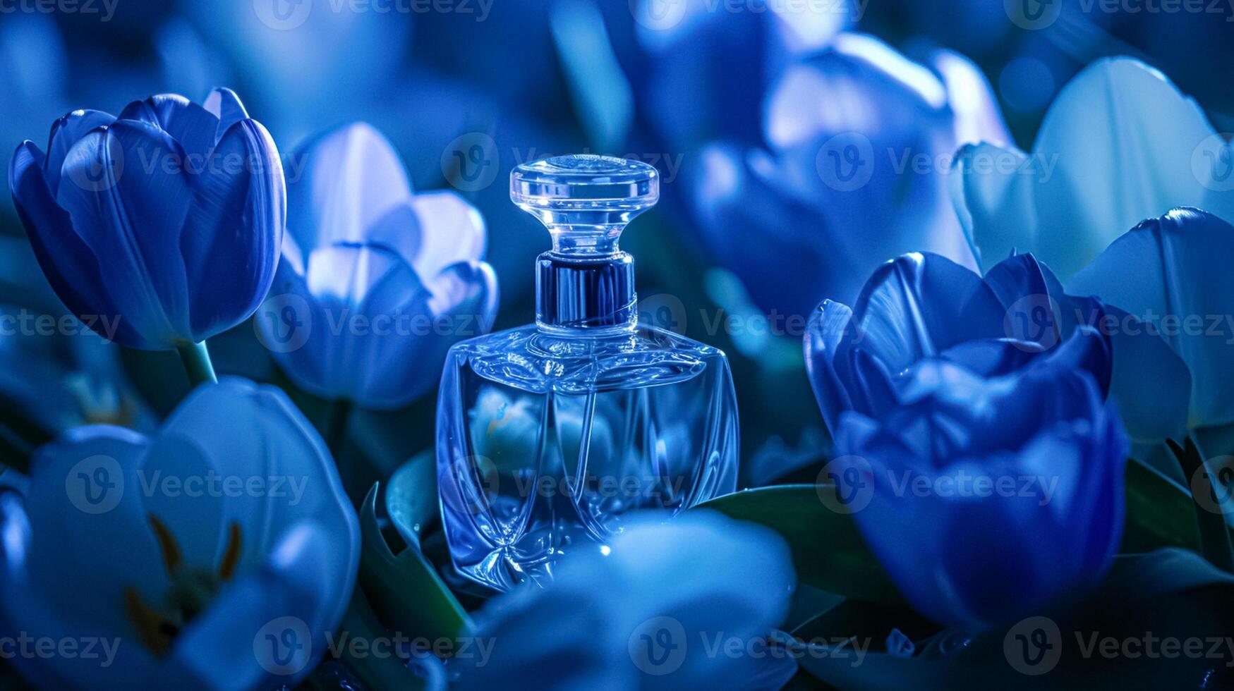 ai gerado perfume garrafa dentro flores, fragrância em florescendo fundo, floral odor e Cosmético produtos foto