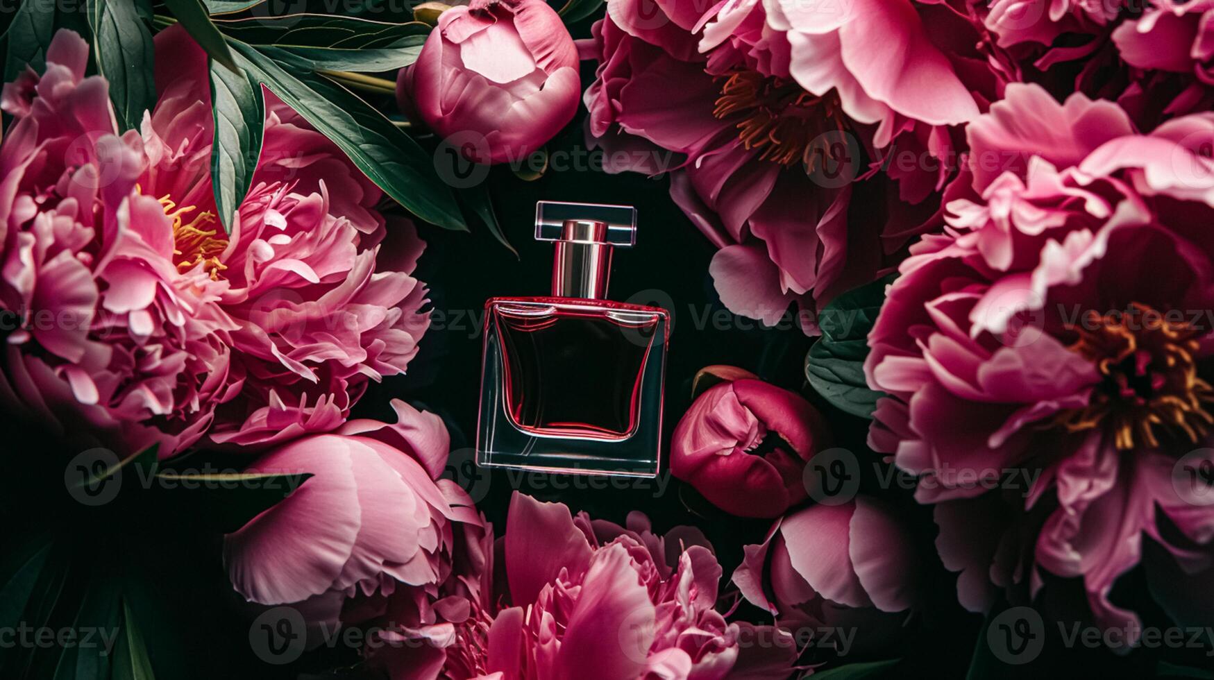 ai gerado perfume garrafa dentro flores, fragrância em florescendo fundo, floral odor e Cosmético produtos foto