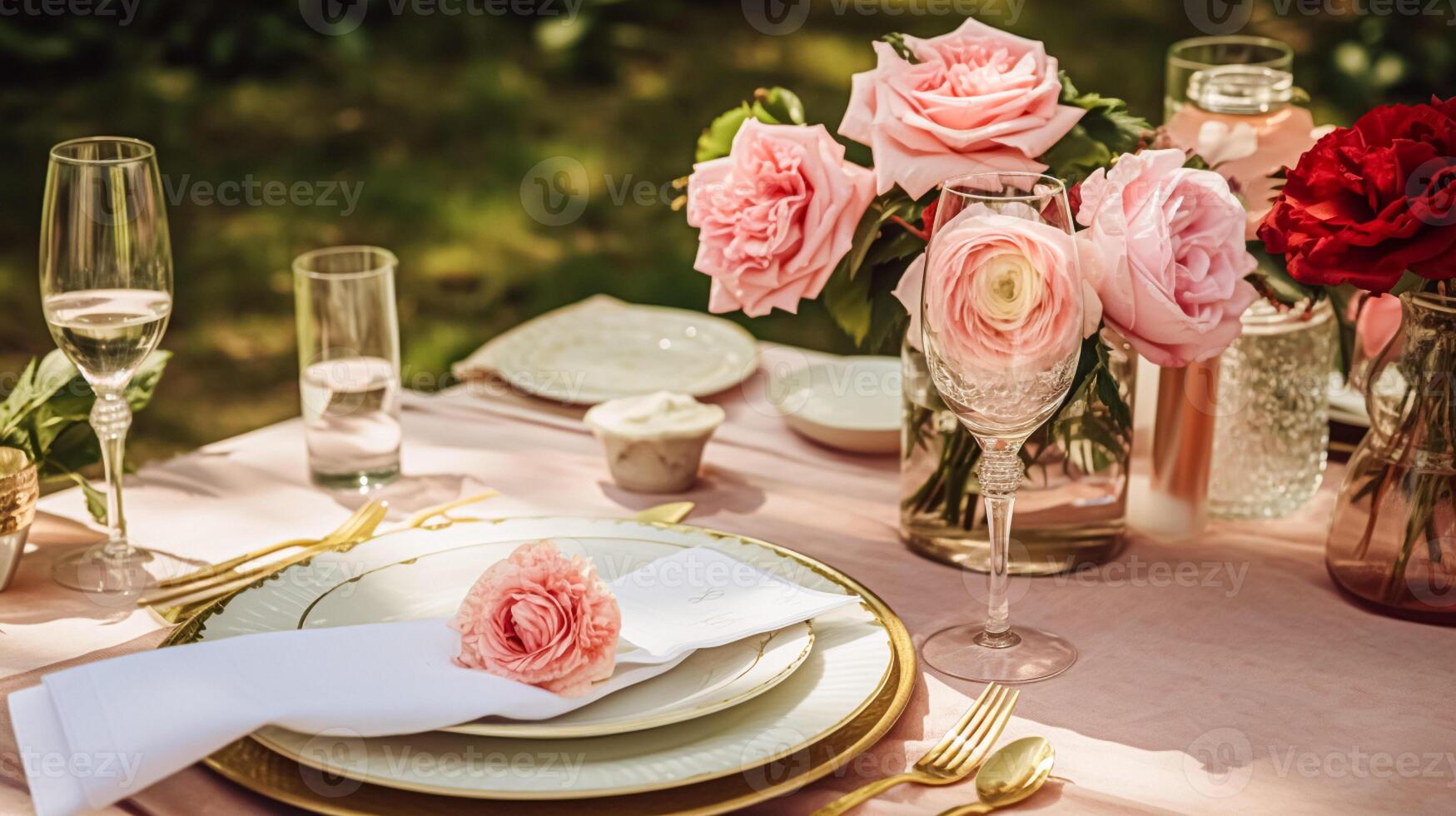 ai gerado Casamento e evento celebração paisagem de mesa com flores, formal jantar mesa configuração com rosas e vinho, elegante floral mesa decoração para jantar festa e feriado decoração, casa estilo foto