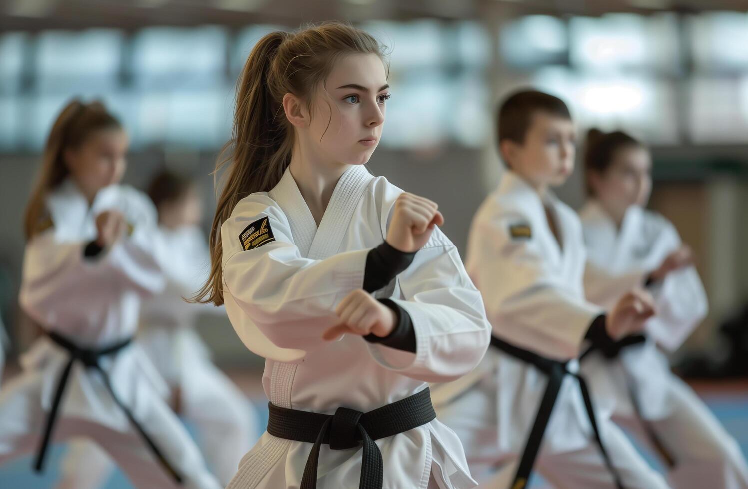 ai gerado uma jovem menina práticas karatê ou taekwondo marcial artes. generativo ai. foto