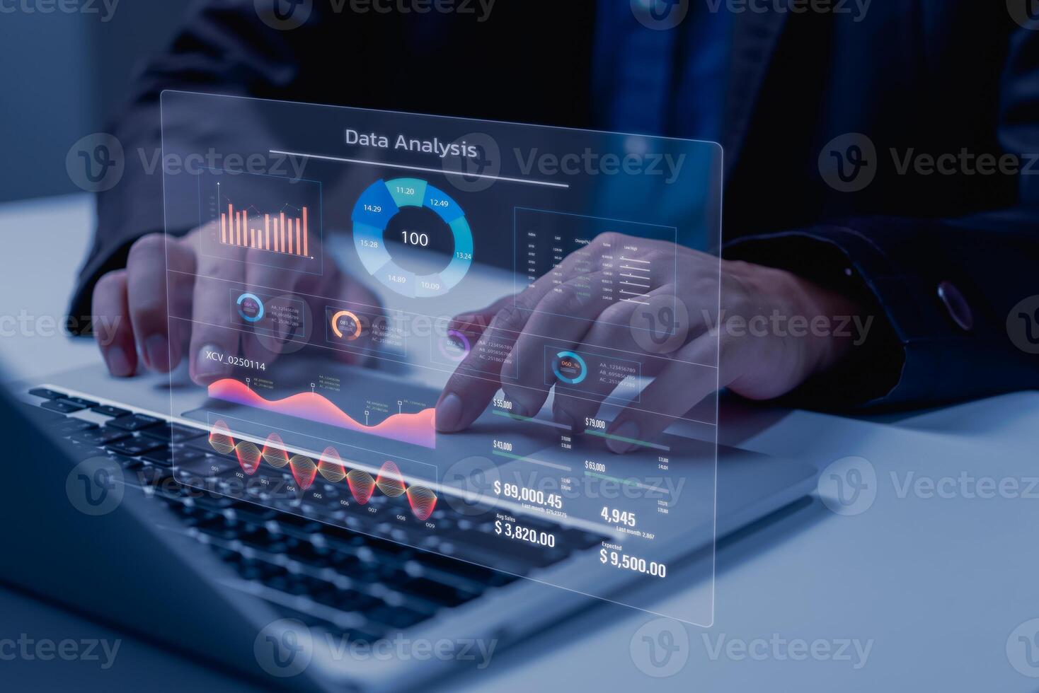 o negócio desenvolvimento e tecnologia dados analista para relatório marketing estratégia planejamento. gráfico análise e em formação em uma futurista virtual interface tela. foto