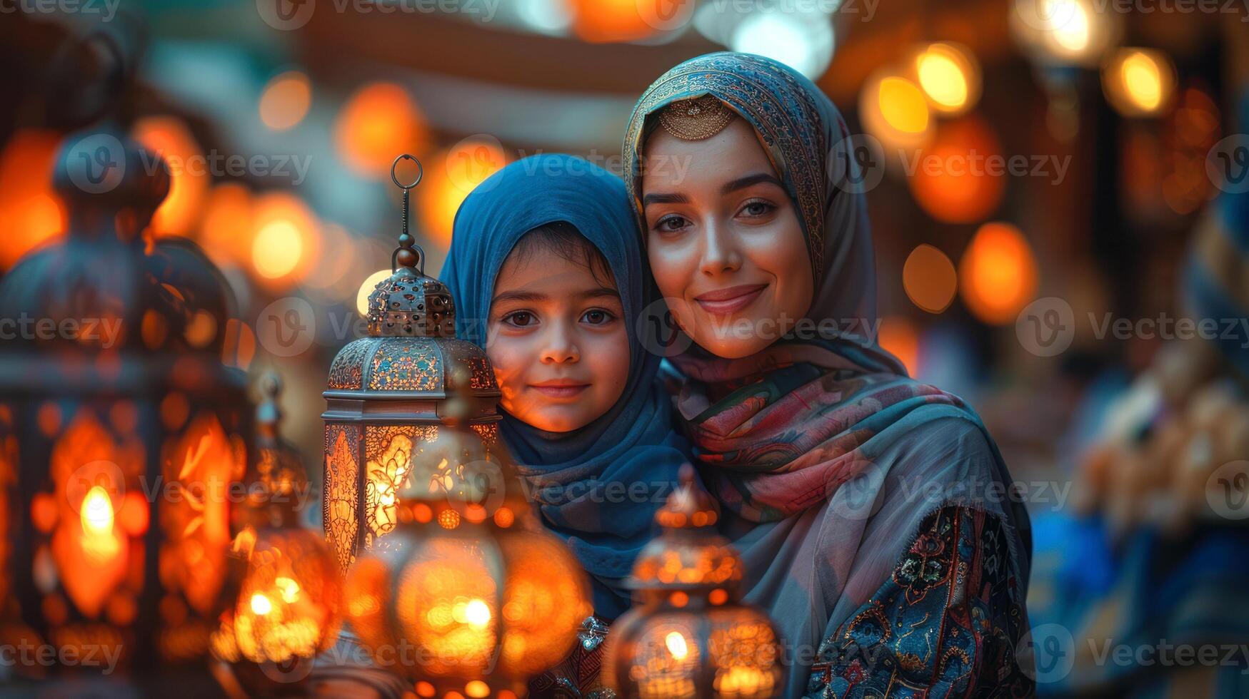 ai gerado ai generativo foto do uma feliz muçulmano família com Ramadã lanternas dentro ruas