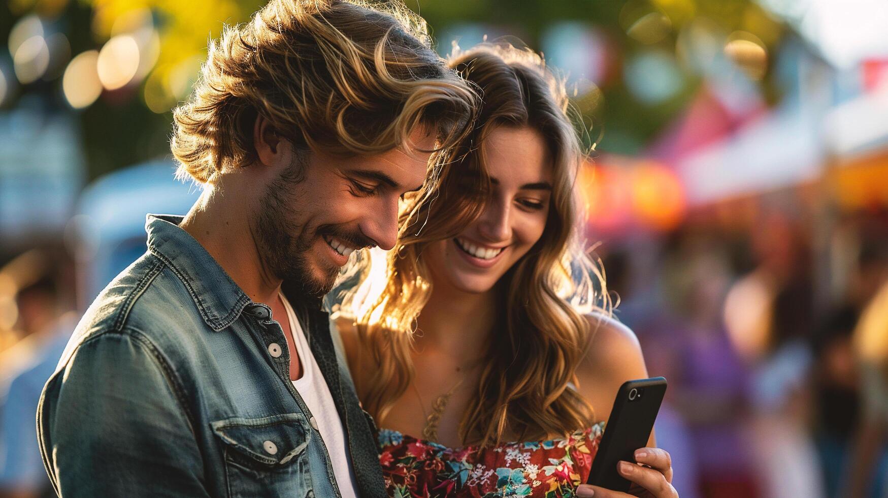 ai gerado jovem casal usando Móvel telefone dentro a rua. sorridente jovem homem e mulher usando Smartphone. foto