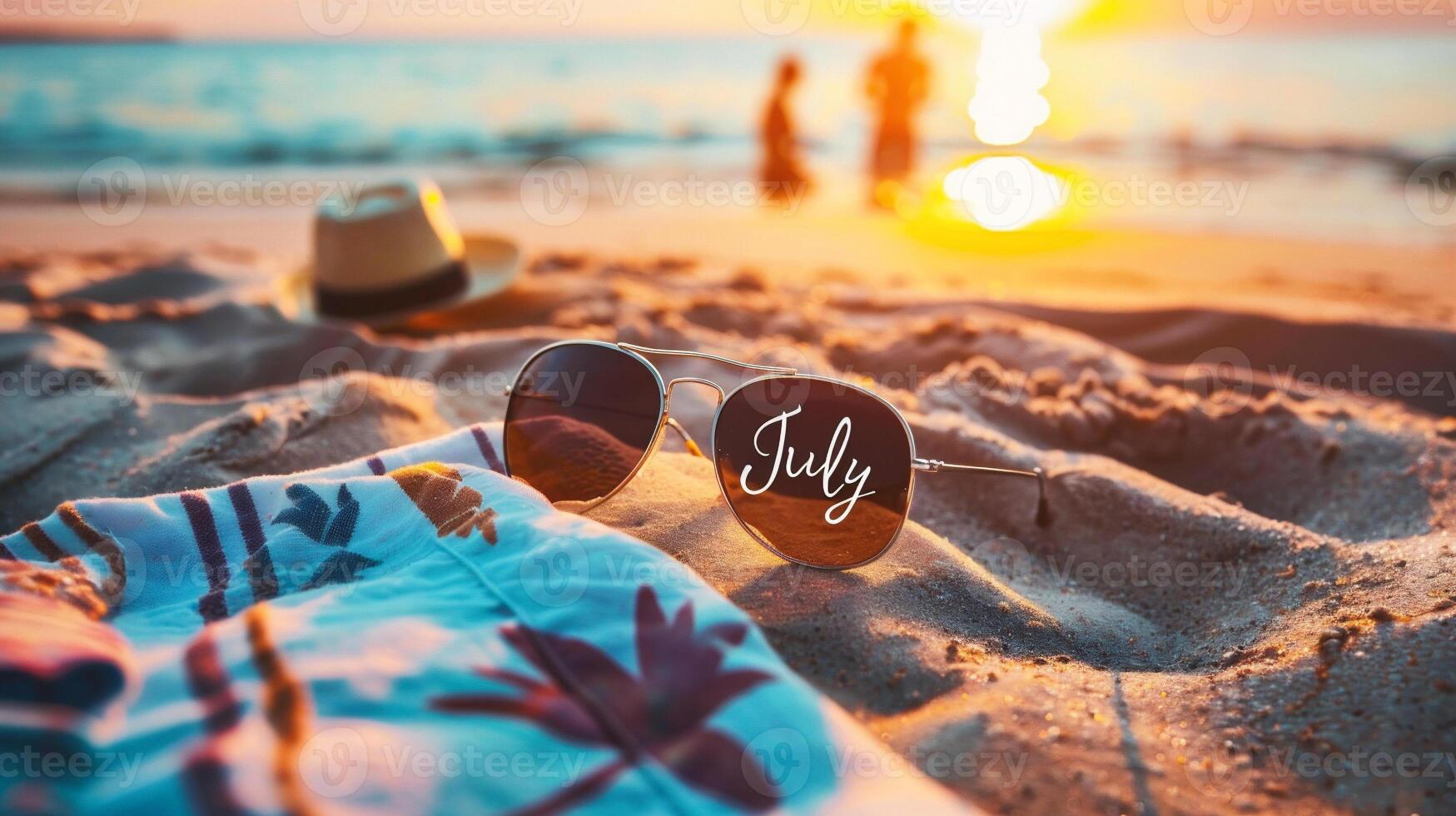 ai gerado oculos de sol e chapéu em a de praia às pôr do sol. verão período de férias conceito foto