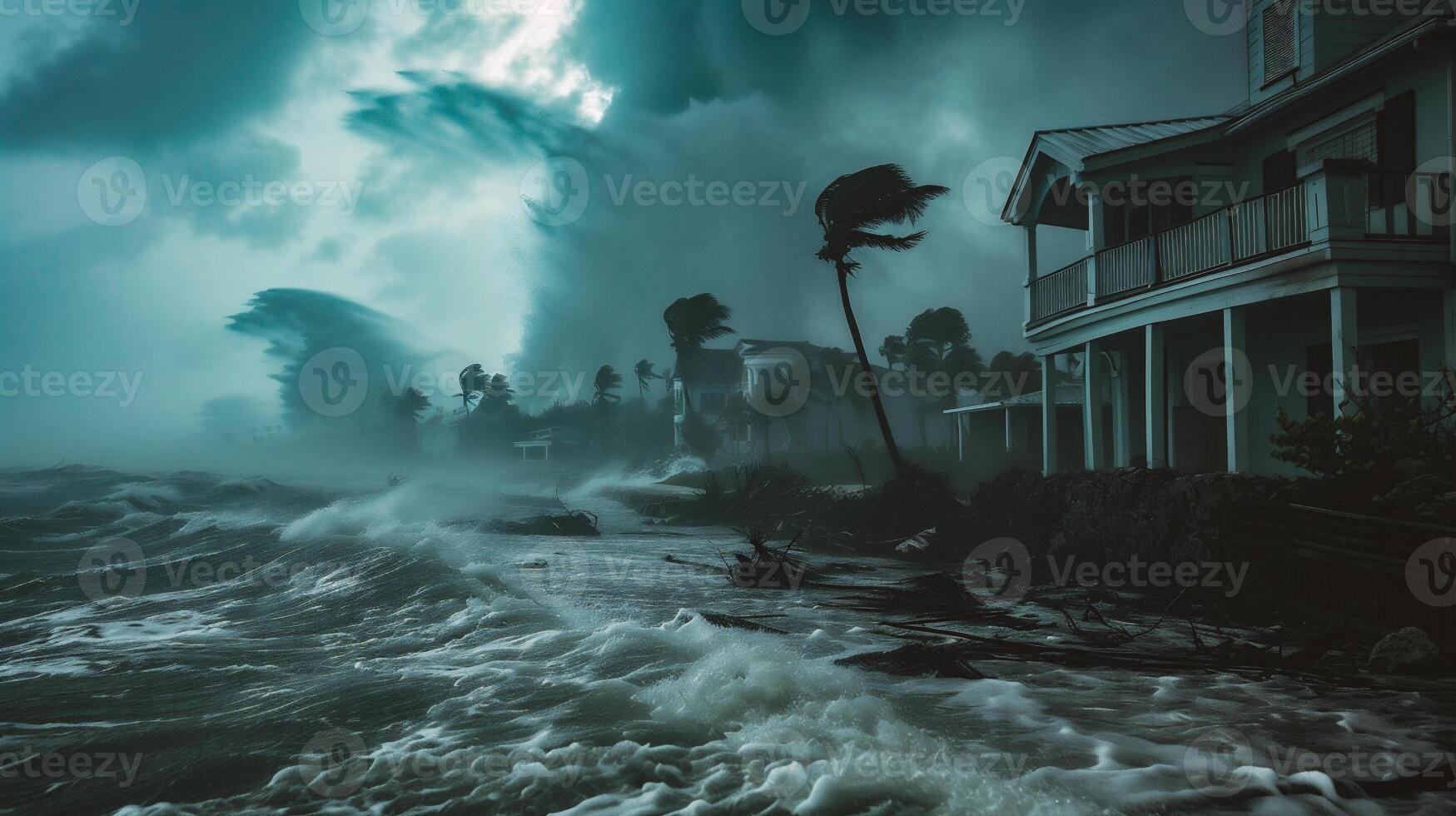 ai gerado tormentoso oceano ondas com Palma árvores e casas em a costa foto