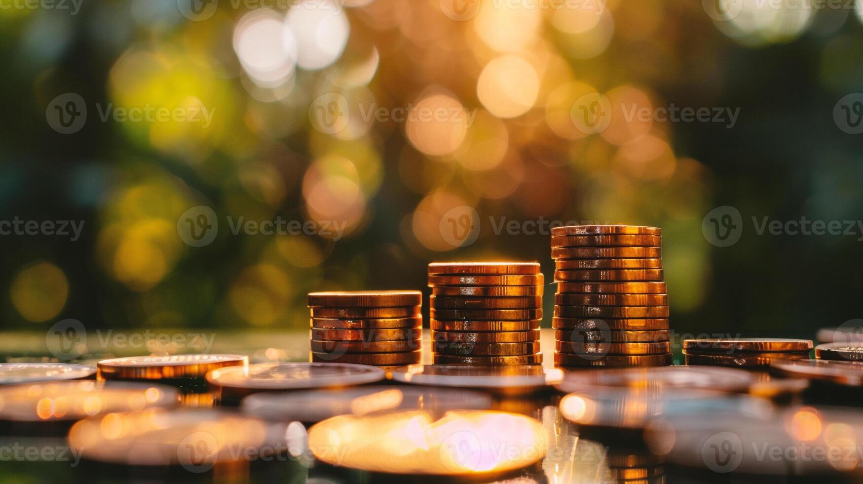 ai gerado moedas empilhado em cada de outros com bokeh fundo, o negócio e finança conceito foto