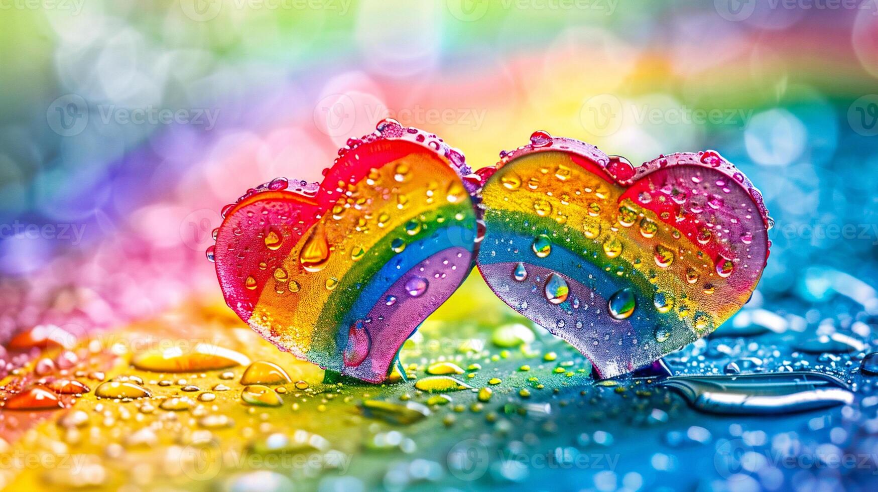 ai gerado arco Iris corações com gotas do água em uma fundo do arco Iris cores foto